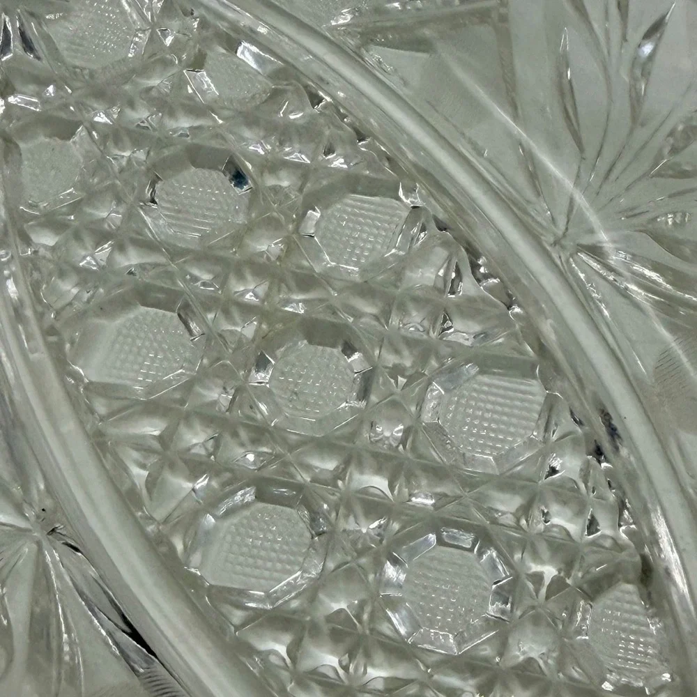 Vintage Clear Pressed Glass Oval Bowl Floral Diamond Cut Sawtooth Centerpiece